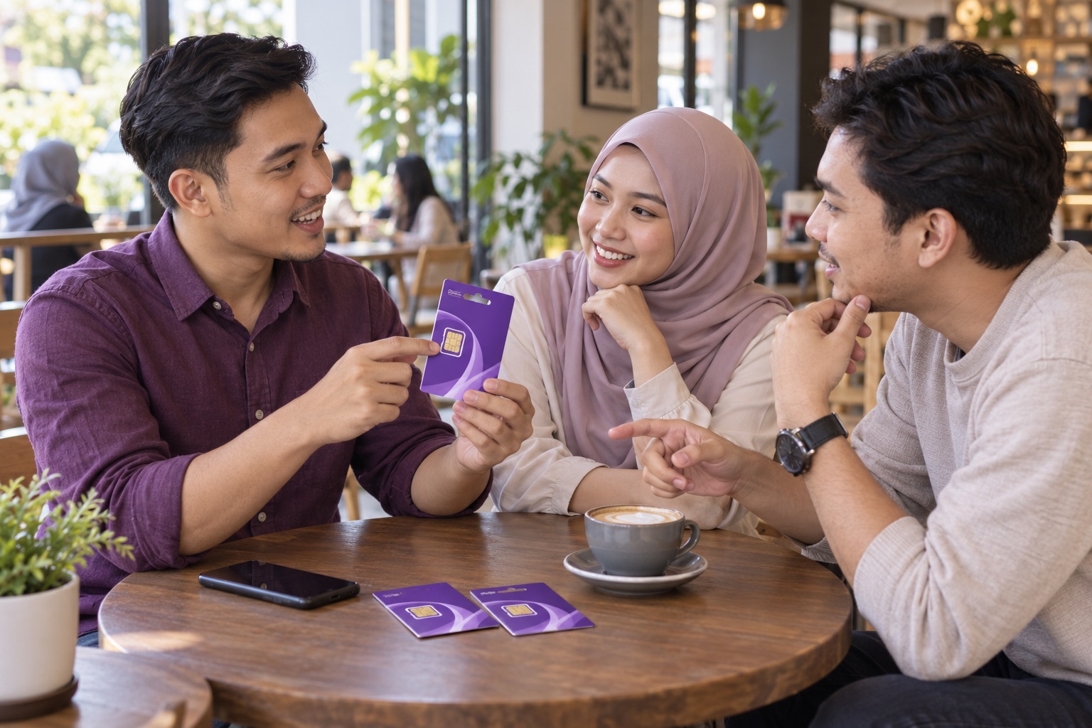 Ilustrasi AI tiga kenalan berkongsi maklumat tentang SIM di kafe