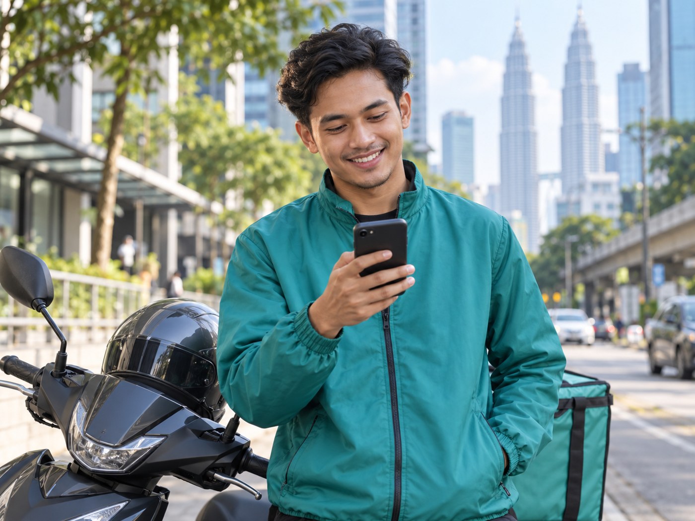 Ilustrasi AI rider berhenti di tepi jalan untuk menggunakan telefon