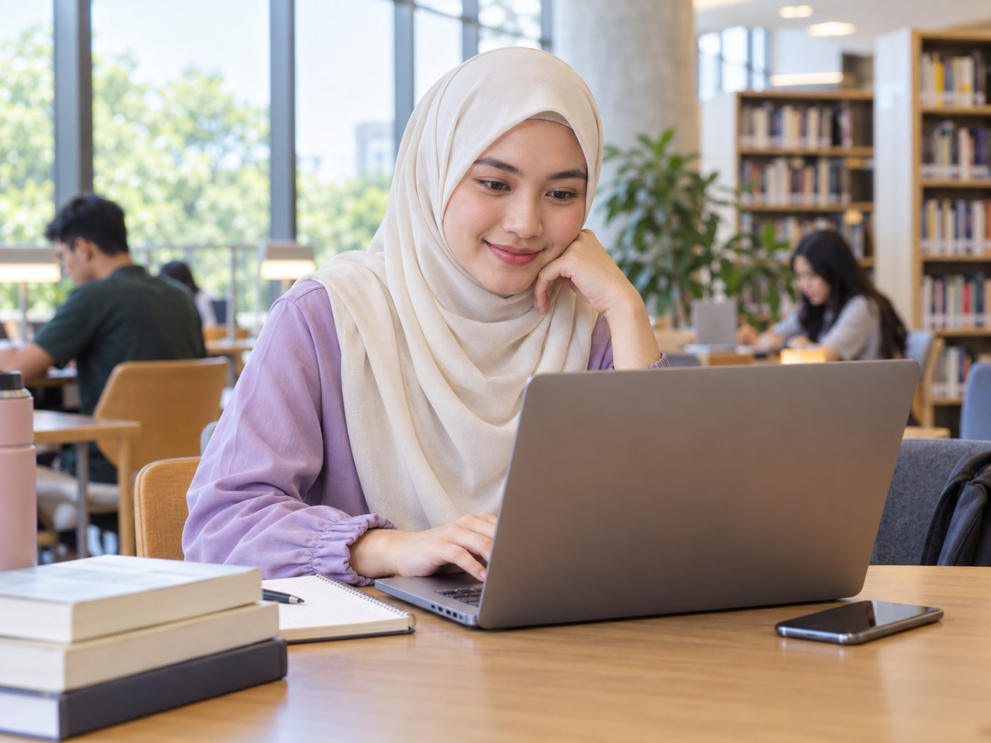 Ilustrasi AI pelajar menggunakan laptop di perpustakaan